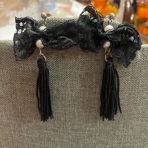 Black lace faux pearl fringed pierced earrings.  Approximately 4” long.